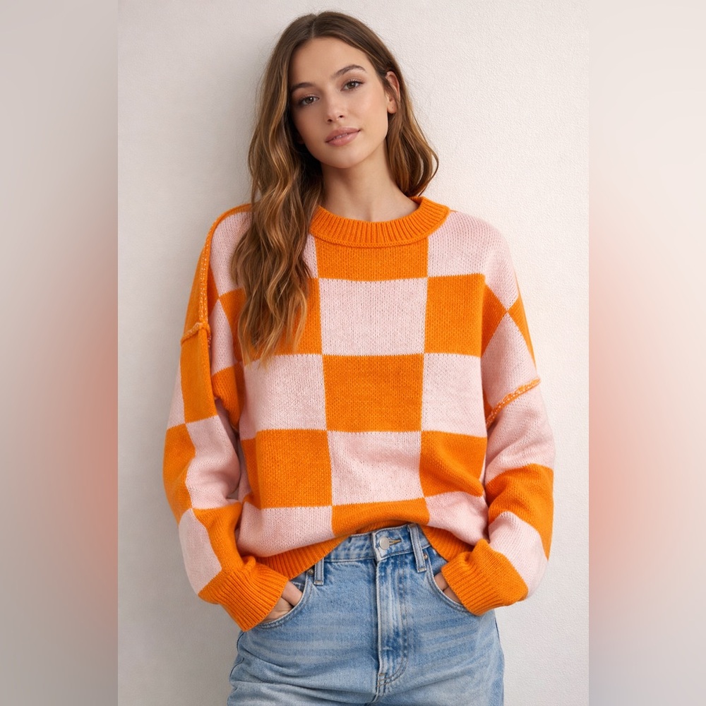SHEIN Vibrant Checkered Sweater in Orange